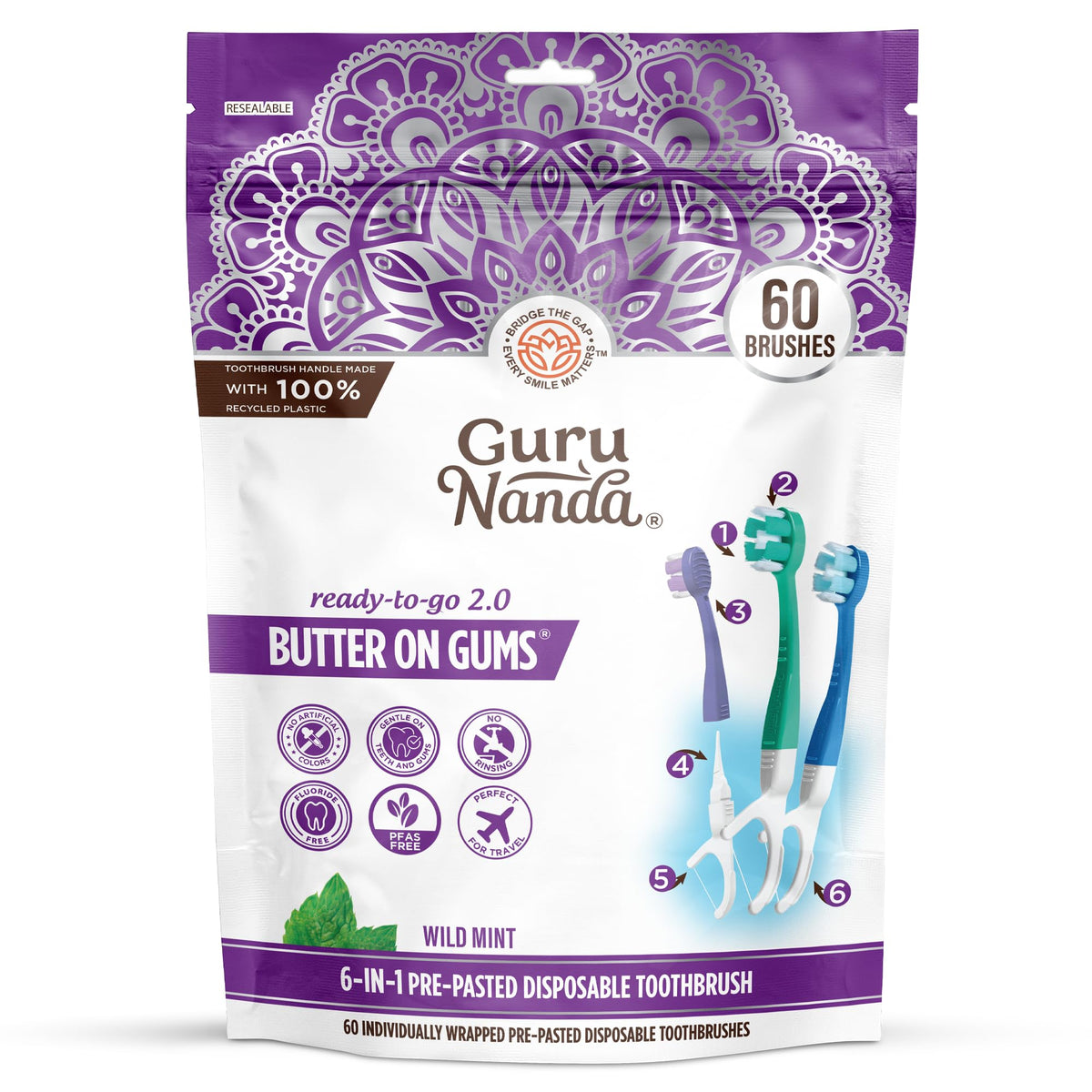 GuruNanda Disposable Travel Toothbrush 2.0, Fluoride Free Toothpaste, 21 ct