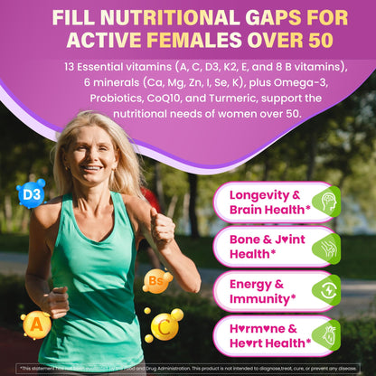 Multivitamin for Women 50 Plus Gummies, Vegan Omega 3, Methylfolate, Calcium, D3 K2, Probiotics CoQ10, Daily Vitamin A C E Methylated B12 Biotin B Complex Zinc -Bone Energy Longevity -Sugar Free 60Cts