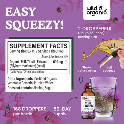 Wild & Organic Milk Thistle Liquid Drops - Liver Cleanse Detox - Silymarin Milk Thistle Supplement for Liver Support - Add to Tea - Silybum Marianum Seed Extract Tincture - Sugar & Alcohol-Free - 4 oz