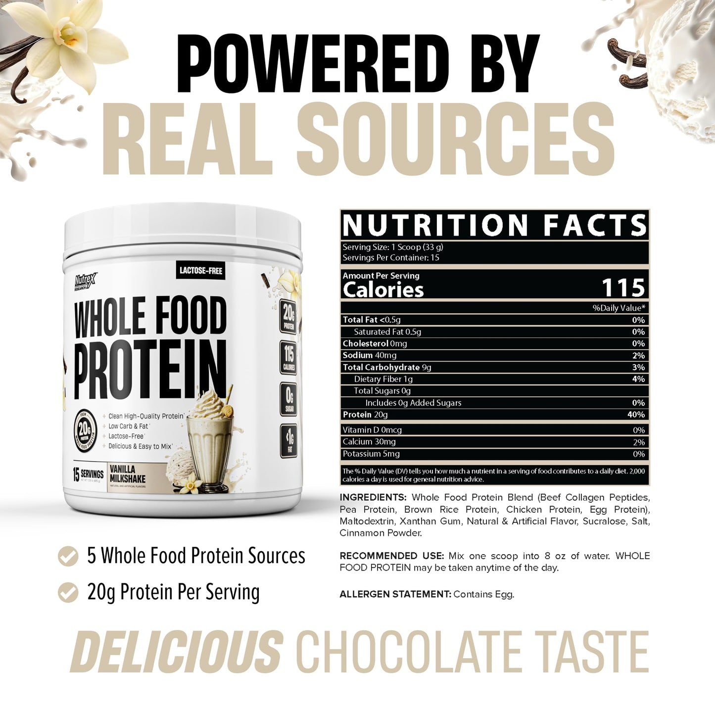 Nutrex Research Whole Food Protein Powder, 20g Protein per Scoop, Lactose Free, Dairy Free, Low Carb Low Fat, Collagen Peptides, 15 Servings (Vanilla Milkshake)