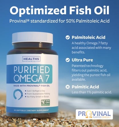 Omega 7 Supplement for Women and Men - High Potency & Purity Palmitoleic Acid Fatty Acid Fish Oil Supplement from Patented Provinal with Lowest Palmitic Acid - Sustainably Sourced (1 Month Supply)