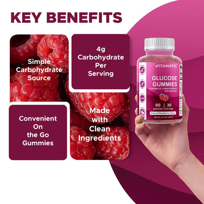 Vitamatic Glucose chewable Gummies - 60 Count - Natural Raspberry Flavor - 4G of Carbohydrate per Serving (1 Bottle) | 4 g Carbohydrates per Serving, Pectin-Based, Gluten Free, Non GMO