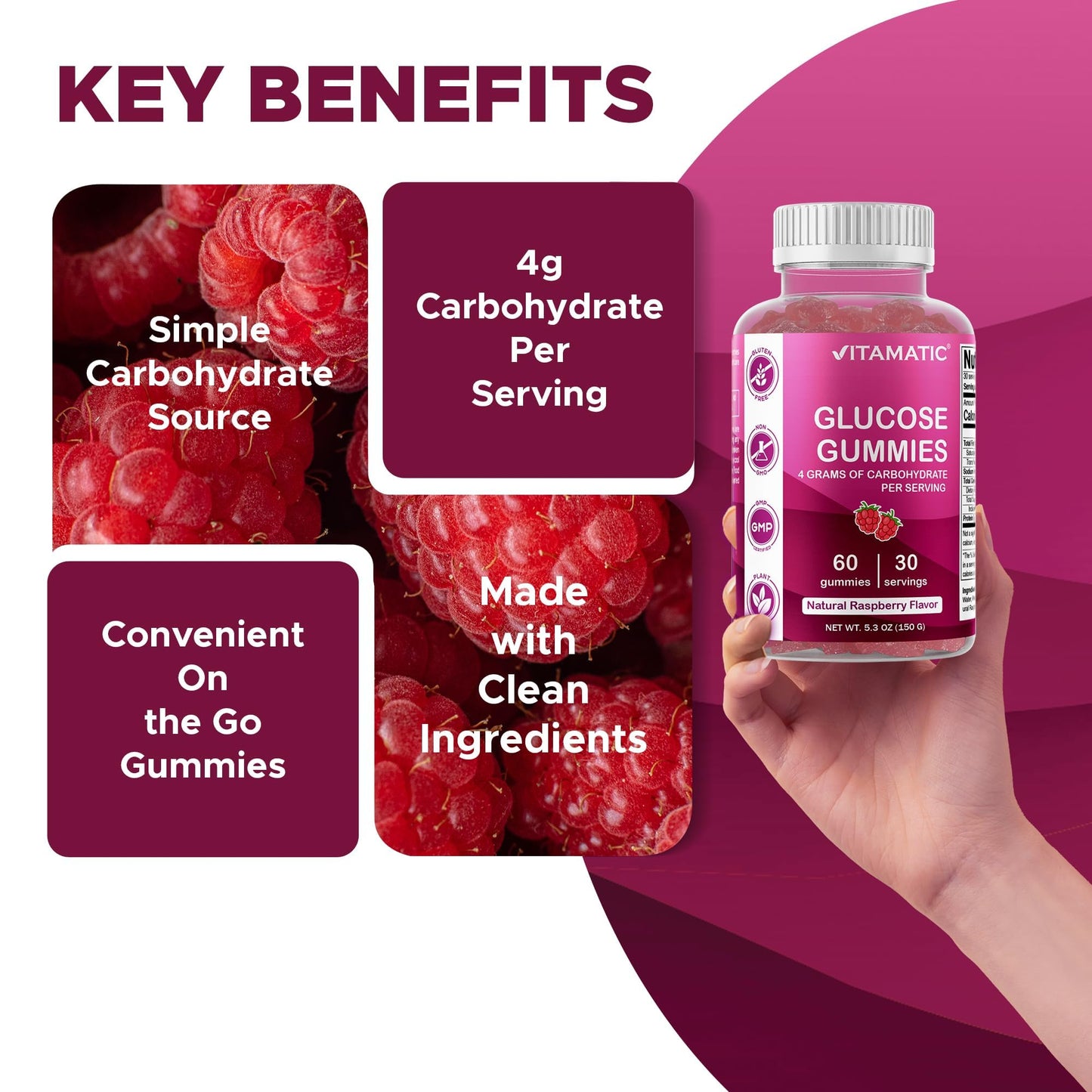 Vitamatic Glucose chewable Gummies - 60 Count - Natural Raspberry Flavor - 4G of Carbohydrate per Serving (1 Bottle) | 4 g Carbohydrates per Serving, Pectin-Based, Gluten Free, Non GMO