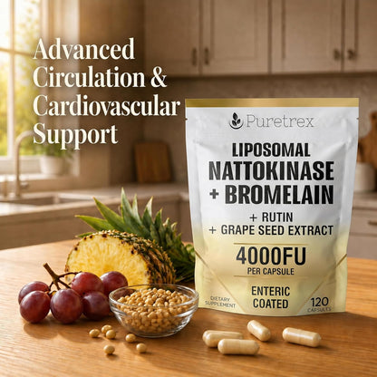 Nattokinase Supplement 4000 FU Liposomal Enteric Coated Capsules, Bromelain 1200 GDU, Rutin, Grape Seed Extract, BioPerine, Heart Health & Blood Circulation Formula for Men & Women, 120 Count