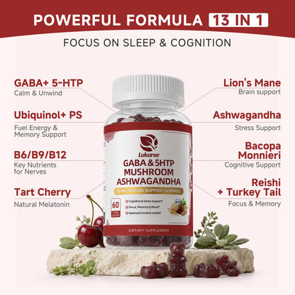 GABA & Mushroom Gummies Supplement for Sleep & Brain Support,Extra Strength | Plus Mushroom Complex, 5‑HTP & Tart Cherry, No Melatonin for Natural Sleep, Berry Flavor-Sugar Free, 60 Gummies
