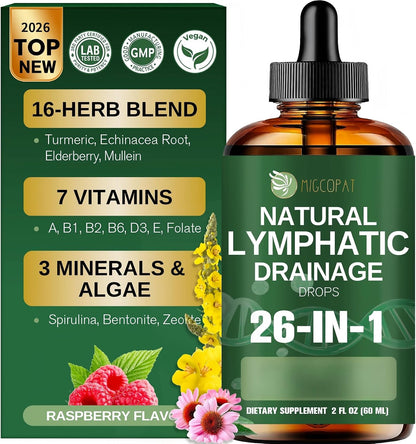 Migcopat26-in-1 Liposomal Lymphatic Drainage Drops with Turmeric, Echinacea | Vitamins, Dandelion, Zeolite, Vegan, Alcohol-Free, Raspberry Flavor, 2 fl oz