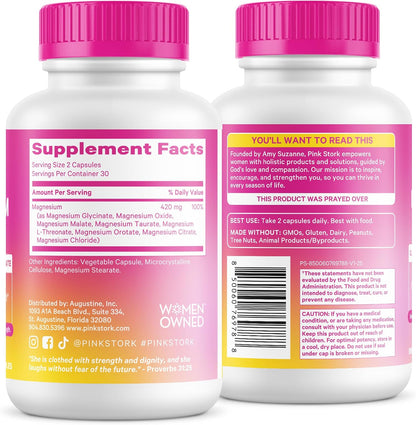 Pink Stork Magnesium Complex for Women, 8 Forms, 60 Capsules | 8 Forms - Glycinate, Malate, Citrate & L-Threonate - Stress, Sleep, Muscle & Hormone Support - 400 mg Elemental Magnesium