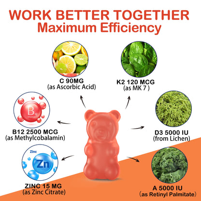 Sugar-Free ADK+Vitamin B12 Gummies - Vitamin D3 K2 10,000IU/ 5000IU, B12 5000mcg 2500mcg, K2 (MK-7) 240mcg, Multivitamin Adults-Vitamin A,Vegan Vitamin D,Methyl B12,C,Zinc-Eye,Bone,Energy,Nerve,Immune