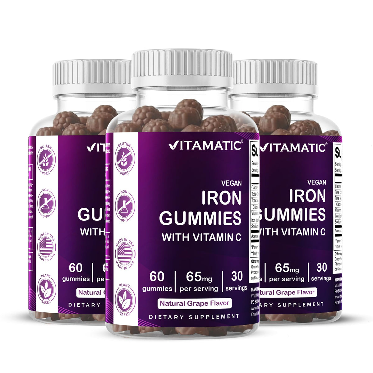 Vitamatic Iron 65 mg with Vitamin C - 60 Vegan Gummies, Made in USA | 65 mg Iron Per Serving, Natural Grape Flavor, Pectin Based, Gluten Free, Non-GMO