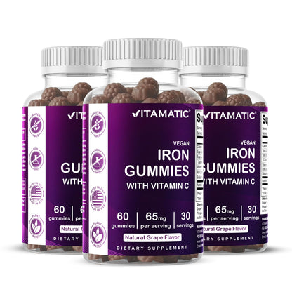 Vitamatic Iron 65 mg with Vitamin C - 60 Vegan Gummies, Made in USA | 65 mg Iron Per Serving, Natural Grape Flavor, Pectin Based, Gluten Free, Non-GMO