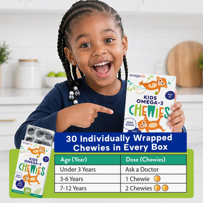OmegaVia Omega 3 Chewies, Daily DHA Chewable Vitamins for Kids, Omega 3 for Ages 3-12 to Support Brain & Eye Health, Sugar-Free Natural Fruit Flavor, Omega 3 Fish Oil, 30 Individual Packets