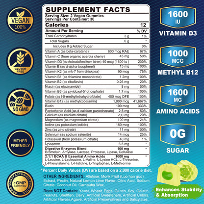 Methylated Multivitamin for Men Gummies, BCAA Amino Acids, Zinc, Daily Vitamin A C D3 E K2 B Complex, Calcium, Magnesium, Lycopene, Digestive Enzymes - Energy, Immune, Muscle- Sugar Free, Vegan, 60Cts