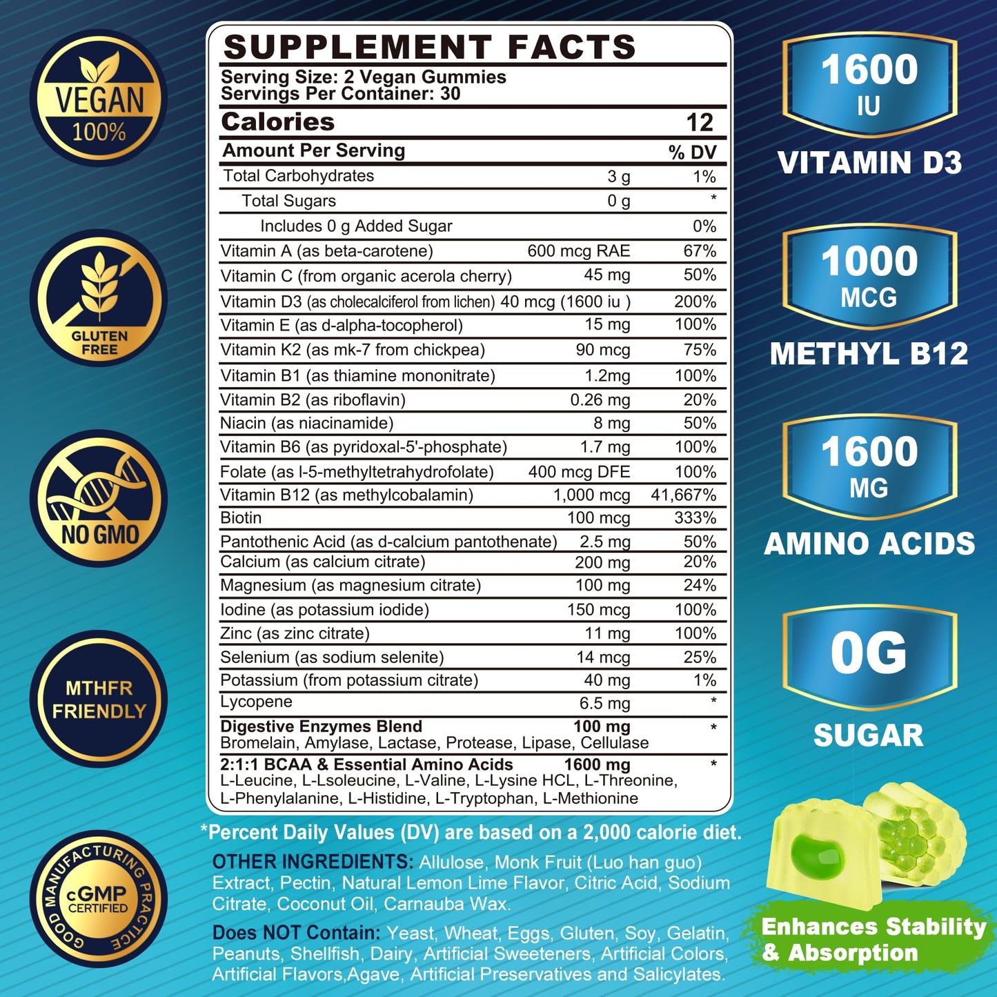 Methylated Multivitamin for Men Gummies, BCAA Amino Acids, Zinc, Daily Vitamin A C D3 E K2 B Complex, Calcium, Magnesium, Lycopene, Digestive Enzymes - Energy, Immune, Muscle- Sugar Free, Vegan, 60Cts
