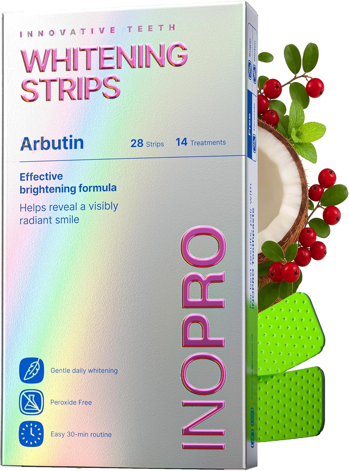 InoPro Green Teeth Whitening Strips - Peroxide Free Whitening Strips - Whitening Without The Harm - Deep Stains Removal - Sensitivity Free - 14 Treatments, 28 Strips, 28 Count (Pack of 1)