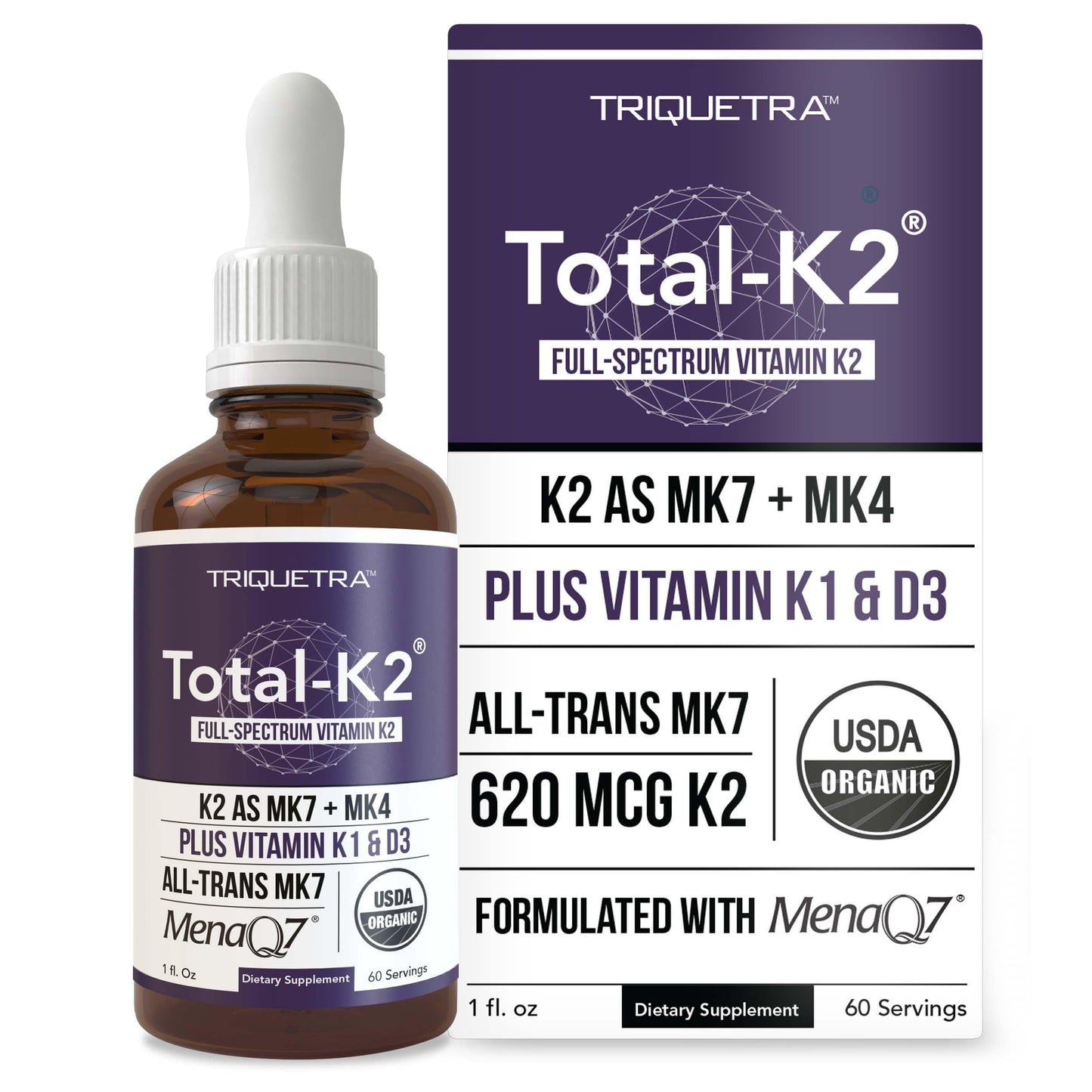Total K2® | Vitamin K2 as MK7 & MK4 | Plus K1 & Vitamin D3 Cofactor - 620 mcg K2 per Serving - All-Trans MK7 from MenaQ7® - Full-Spectrum Vitamin K - Vegan, Organic Certified (60 Capsules)