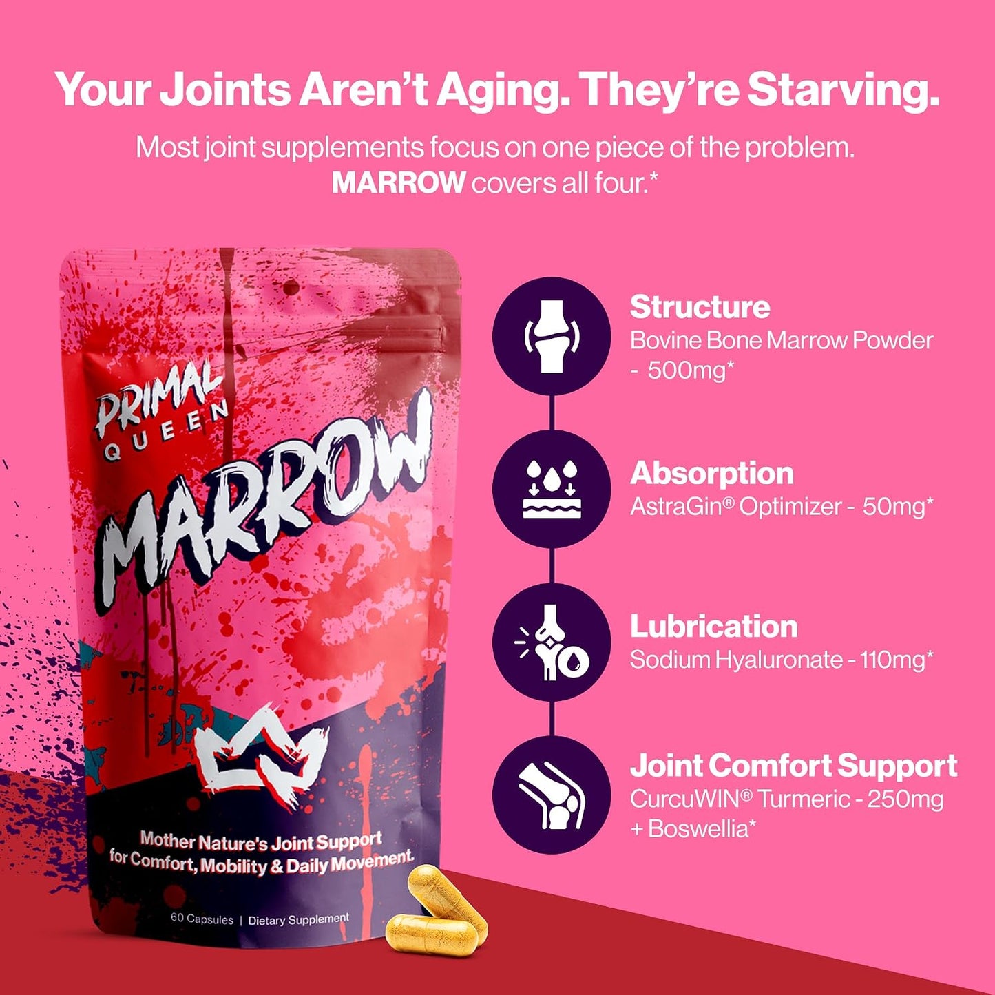 Primal Queen Bone Marrow, Joint Support for Women, Curcuwin Turmeric | Adds Hyaluronic Acid and Boswellia for Flexible, Comfortable Mobility; Bioavailable Formula for an Active Female Lifestyle
