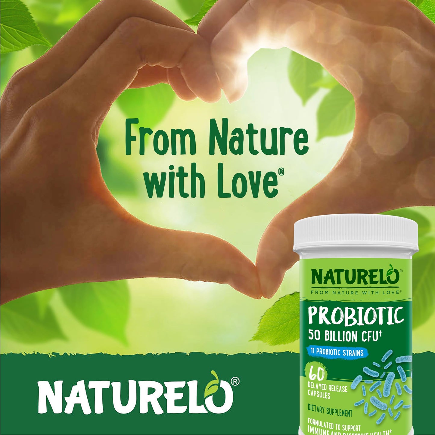 NATURELO Probiotics for Digestive Health, 50 Billion CFU, 60 Vegetarian Capsules, 11 Strains, Daily Use Supplement, Delayed Release, No-Fridge, Boosts Immune System, Probiotics for Women & Men