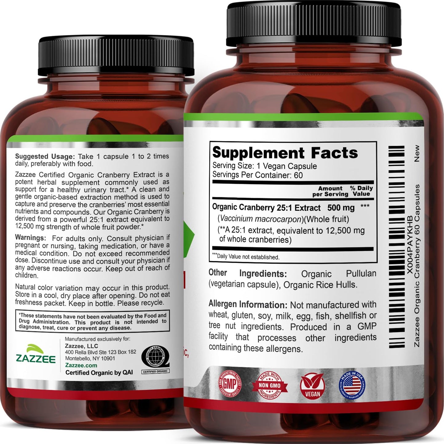 Zazzee USDA Organic Cranberry 25:1 Extract, 500 mg per Capsule, 100 Vegan Capsules, 3+ Month Supply, Certified Kosher, Vaccinium Macrocarpon, Non-GMO, Made in the USA