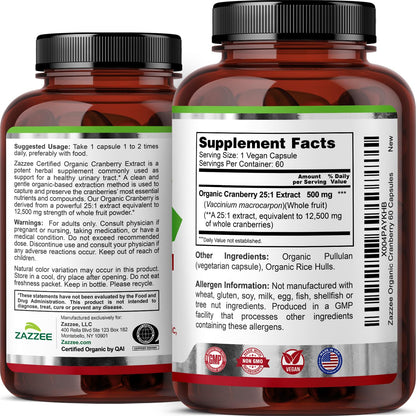 Zazzee USDA Organic Cranberry 25:1 Extract, 500 mg per Capsule, 100 Vegan Capsules, 3+ Month Supply, Certified Kosher, Vaccinium Macrocarpon, Non-GMO, Made in the USA