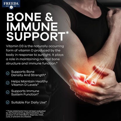 FREEDA Vitamin D3-5000 IU - Pure High Potency Kosher Supplement Tablets - Bone and Muscle Health, Calcium Absorption, Immune Support for Men and Women* - 250 Count | High Potency Vitamin D3 Supplement with 5000 IU Tablets - Support Bone Health, Muscle Fun
