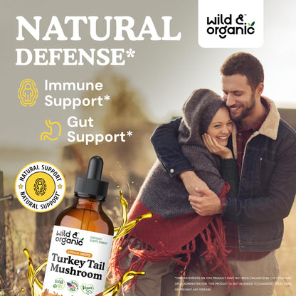 Wild & Organic Turkey Tail Mushroom Tincture - Immune Support Drops with Turkey Tail Extract - Liquid Mushroom Supplement for Gut Support - Vegan, Sugar & Alcohol-Free - 4 fl oz