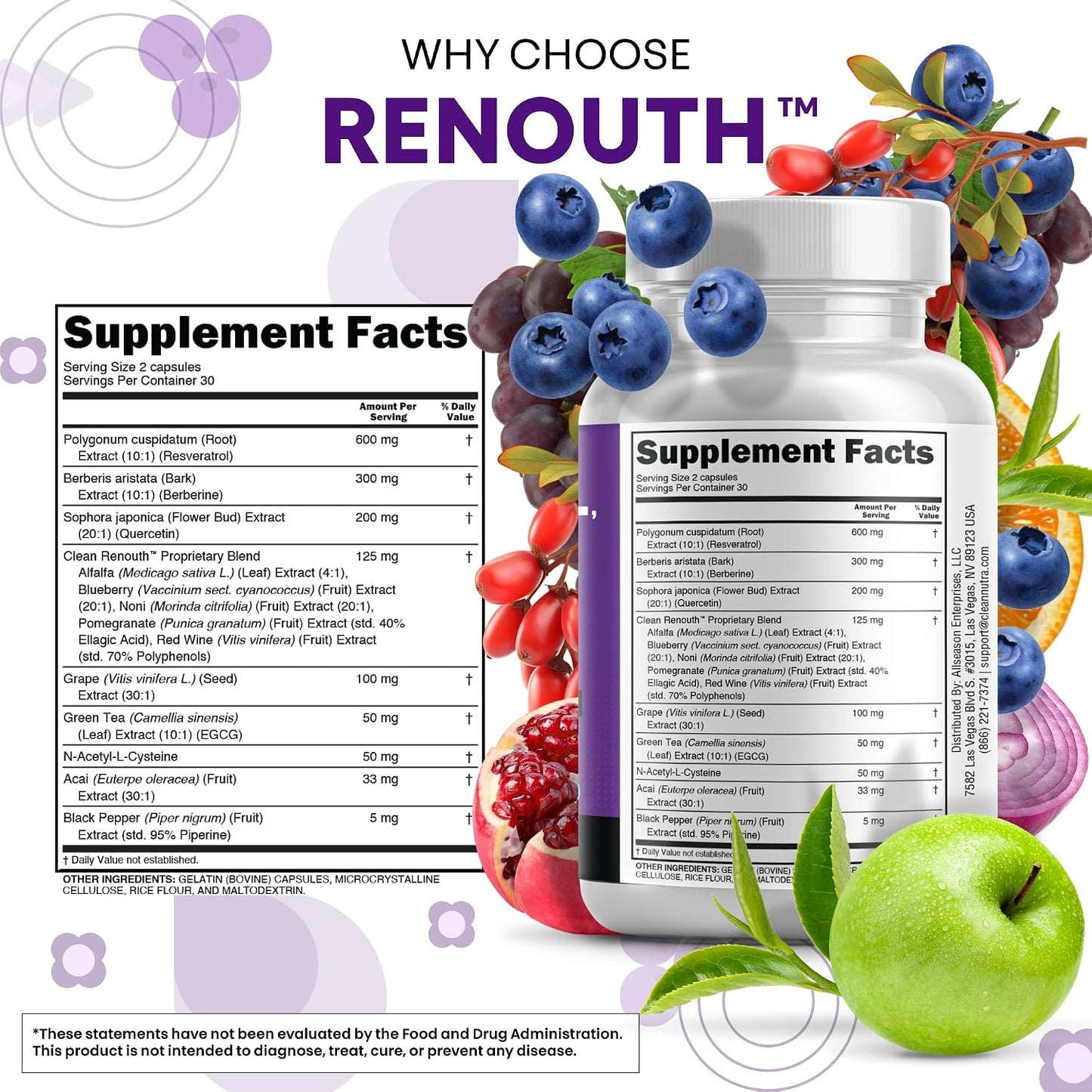 Clean Resveratrol Supplement | Berberine Grape Seed Extract Quercetin Green Tea Extract Acai Noni Polyphenol Supplement for Women & Men N-Acetyl Cysteine