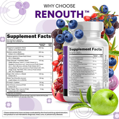 Clean Resveratrol Supplement | Berberine Grape Seed Extract Quercetin Green Tea Extract Acai Noni Polyphenol Supplement for Women & Men N-Acetyl Cysteine