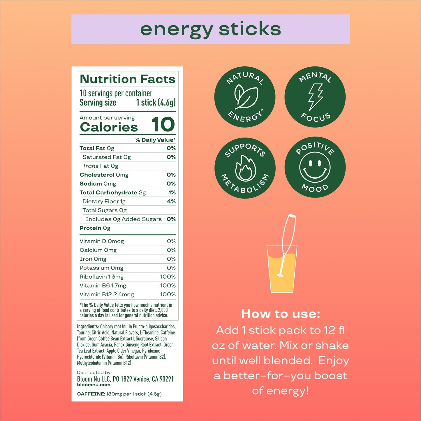 Bloom Nutrition Energy Drink Powder Packets, Strawberry Watermelon, 10 Ct | Sugar Free Drink Mix with L-Theanine, B Vitamins & Natural Caffeine, On the Go Powder Sticks for Natural Energy, 10 Calories