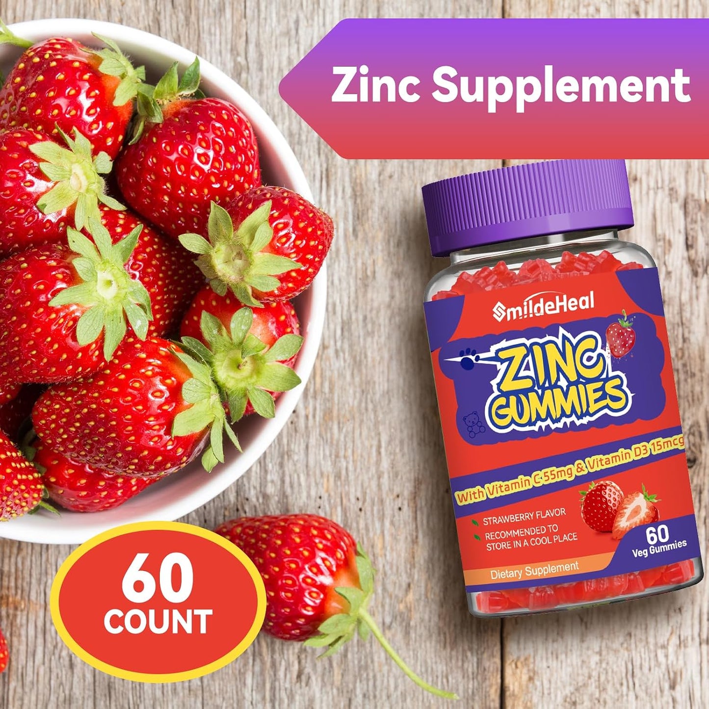 Zinc Gummies, Zinc 50mg, Zinc Citrate, with Vitamin C, Vitamin D3, 60 Count | Zinc Gummies, Zinc 50mg, Zinc Citrate, with Vitamin C, Vitamin D3, Strawberry Flavor Gummies, 60 Count