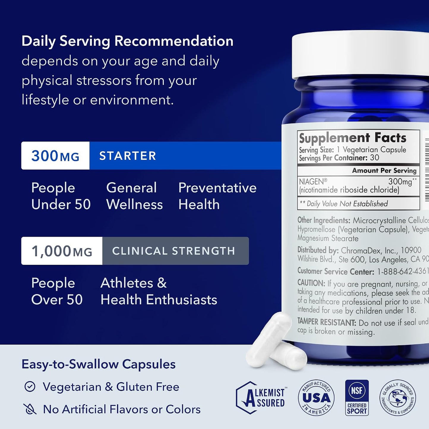TRU NIAGEN Patented NAD+ Supplement, 300mg Niagen, 30 Servings | Nicotinamide Riboside (NR) Take 1 Daily | 3 Bottles