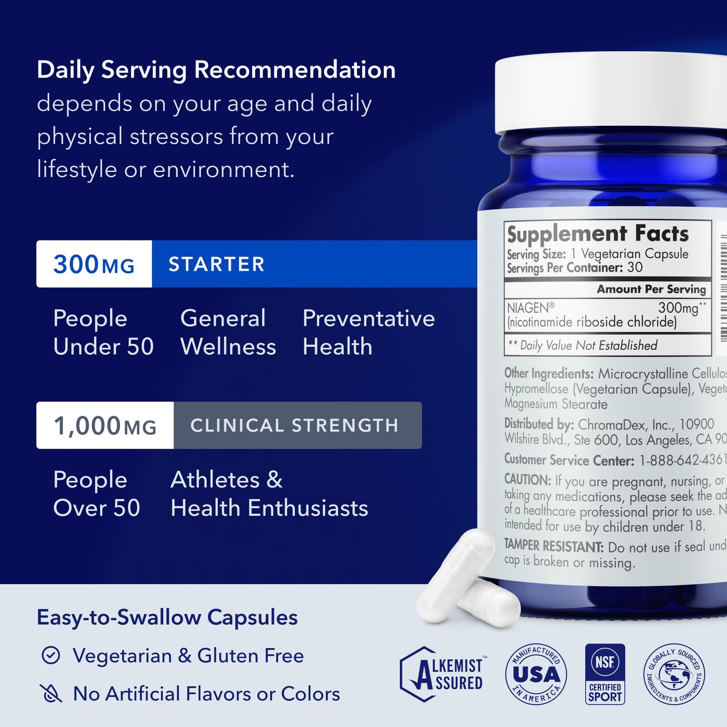 TRU NIAGEN Patented NAD+ Supplement, 300mg Niagen, 30 Servings | Nicotinamide Riboside (NR) Take 1 Daily | 1 Bottle