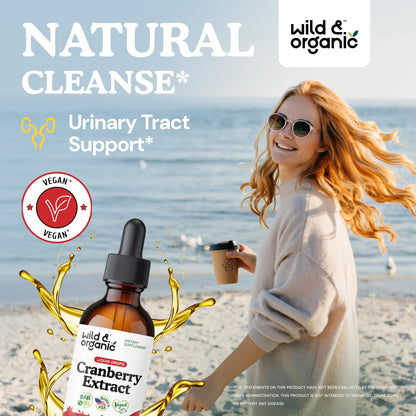 Wild & Organic Cranberry Concentrate Liquid Drops - Urinary Tract Support with Cranberry Supplement for Women & Men - 500 mg Extract per Serving - Vegan, Sugar & Alcohol-Free - 4 fl oz