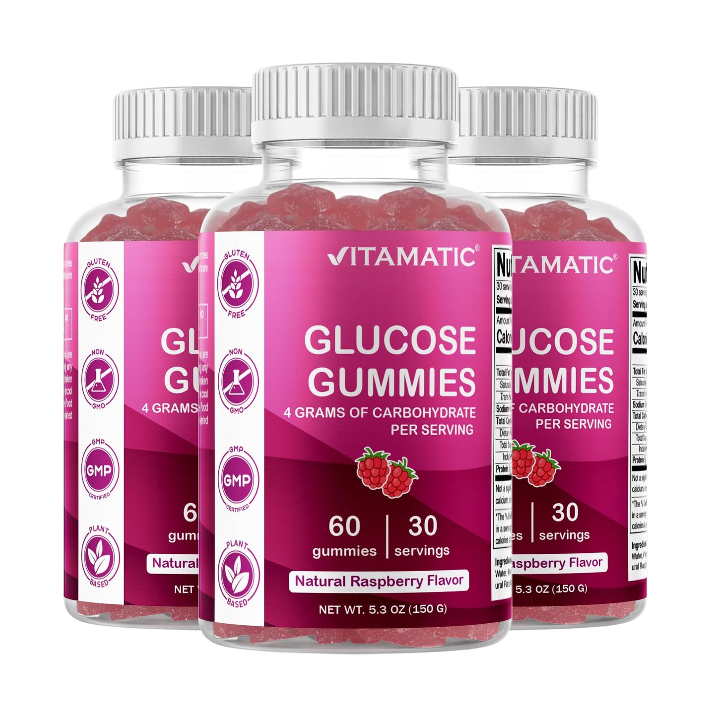 Vitamatic Glucose chewable Gummies - 60 Count - Natural Raspberry Flavor - 4G of Carbohydrate per Serving (1 Bottle) | 4 g Carbohydrates per Serving, Pectin-Based, Gluten Free, Non GMO
