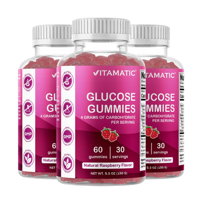 Vitamatic Glucose chewable Gummies - 60 Count - Natural Raspberry Flavor - 4G of Carbohydrate per Serving (1 Bottle) | 4 g Carbohydrates per Serving, Pectin-Based, Gluten Free, Non GMO