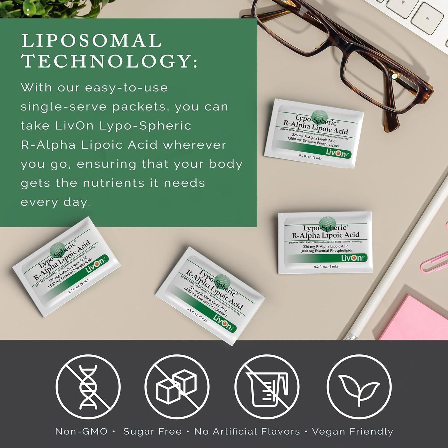 LivOn Laboratories Lypo-Spheric R-Alpha Lipoic Acid - 226mg Per Packet - Liposome Encapsulated for Maximum Bioavailability - 100% Non-GMO (30 Individual Packets)