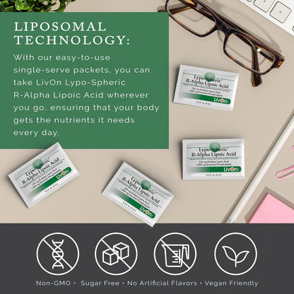 LivOn Laboratories Lypo-Spheric R-Alpha Lipoic Acid - 226mg Per Packet - Liposome Encapsulated for Maximum Bioavailability - 100% Non-GMO (30 Individual Packets)