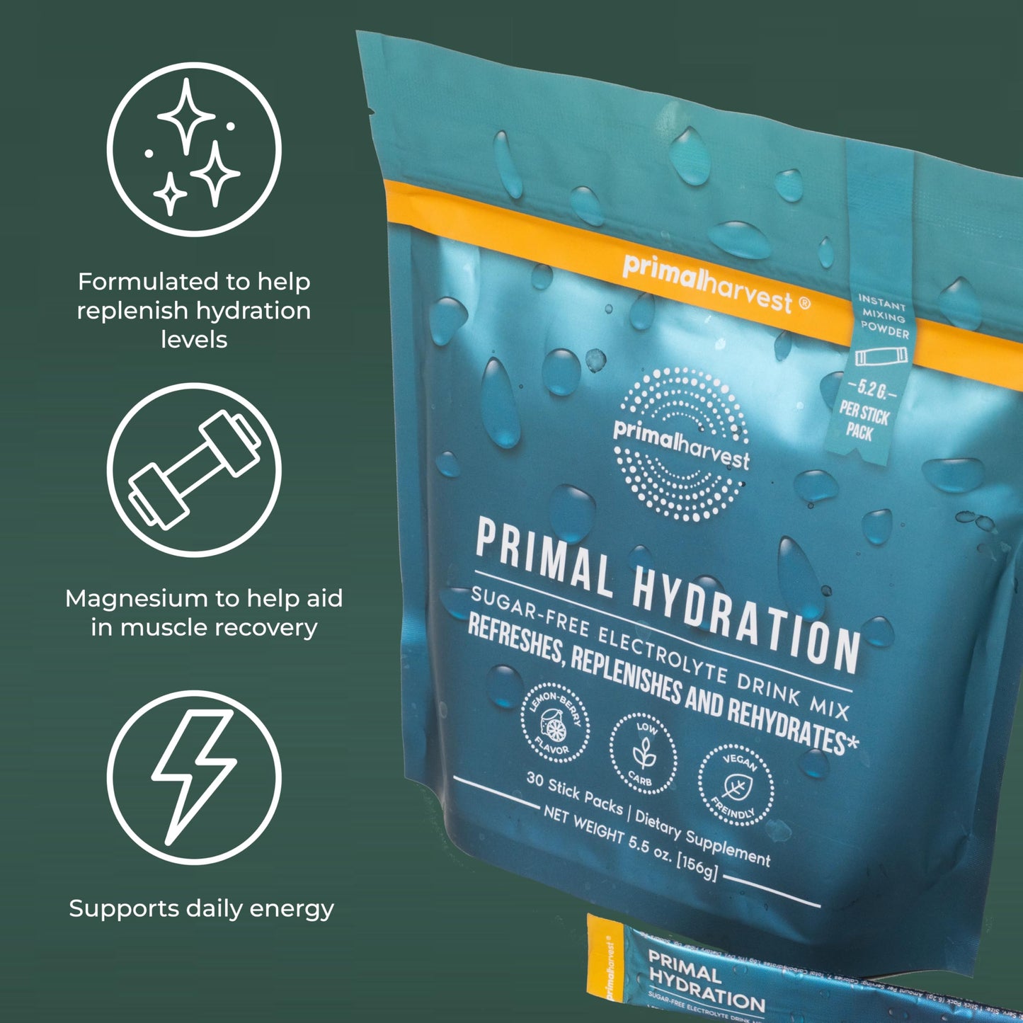 Primal Harvest Hydration - Electrolytes Sticks, Lemon Berry Flavor, Vegan