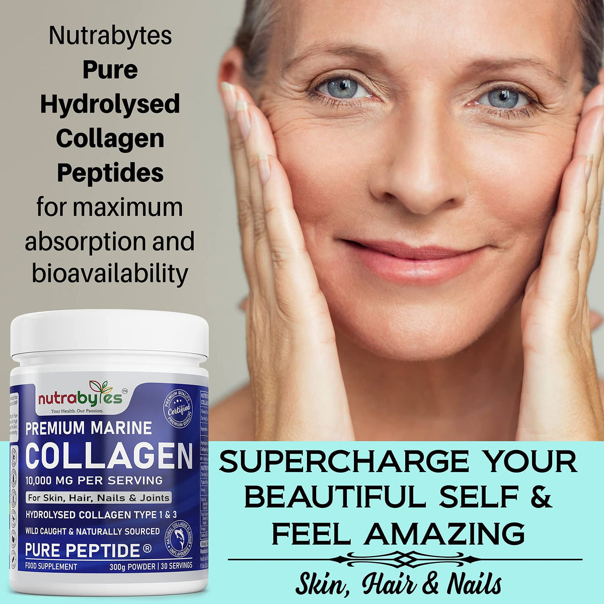 Marine Collagen Powder 10000mg Type 1 & 3 Unflavoured| Wild Caught Fish Hydrolysed Protein Peptides for Women & Men