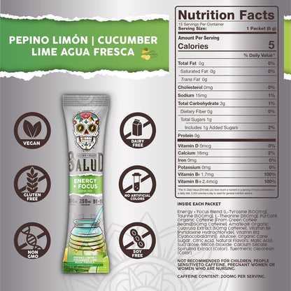Salud 2-Pack | 2-in-1 Hydration + Immunity (Tamarindo) & Energy + Focus (Cucumber Lime) – 15 Servings Each, Agua Fresca Drink Mix, Non-GMO, Gluten Free, Vegan, Low Calorie, 1g of Sugar