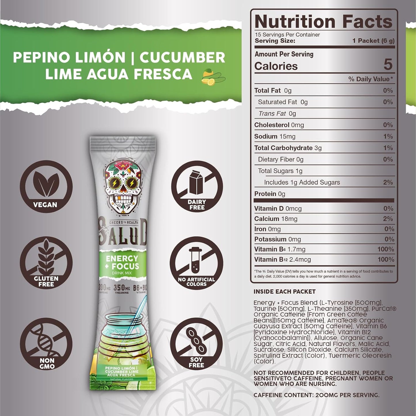 Salud 2-Pack |2-in-1 Energy + Focus (Cucumber Lime) & Hydration + Immunity (Hibiscus) – 15 Servings Each, Agua Fresca Drink Mix, Non-GMO, Gluten Free, Vegan, Low Calorie, 1g of Sugar