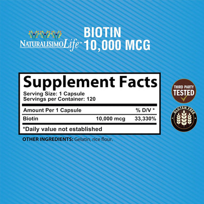 Biotin 10,000 mcg High Potency - Natural Hair, Skin, Nail & Metabolism 120 Capsules