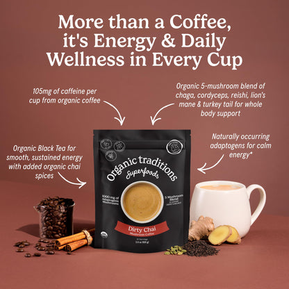 Organic Traditions Mind Fuel Instant Mushroom Coffee Alternative, Caffeine Free Lion’s Mane and Maca Herbal Drink with Dandelion, Chicory, Roasted Grain Blend, Natural Focus Support, 140g / 5oz