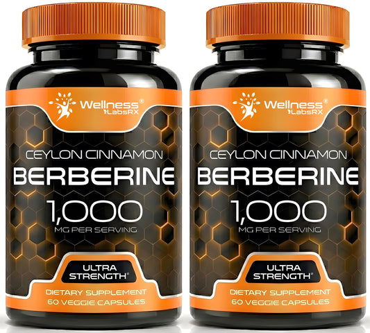 WELLNESS LABSRX Berberine 1,000mg - Third-Party Tested Berberine Supplement HCL with Ceylon Cinnamon, Black Pepper Extract and Apple Cider Vinegar, Heart Support Capsules - 240 Capsules - Pack of 2