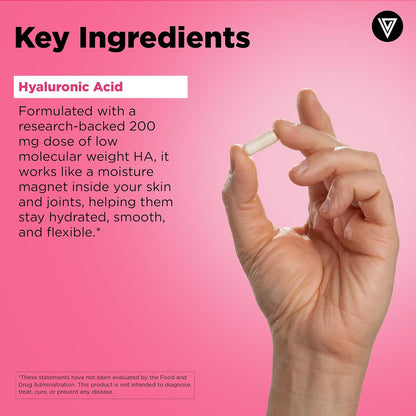 Vital Vitamins Hyaluronic Acid Supplements, 60 Capsules | 200mg Low Molecular Weight HA, Supports Skin Hydration, Elasticity & Joint Comfort, Vegan & Non-GMO