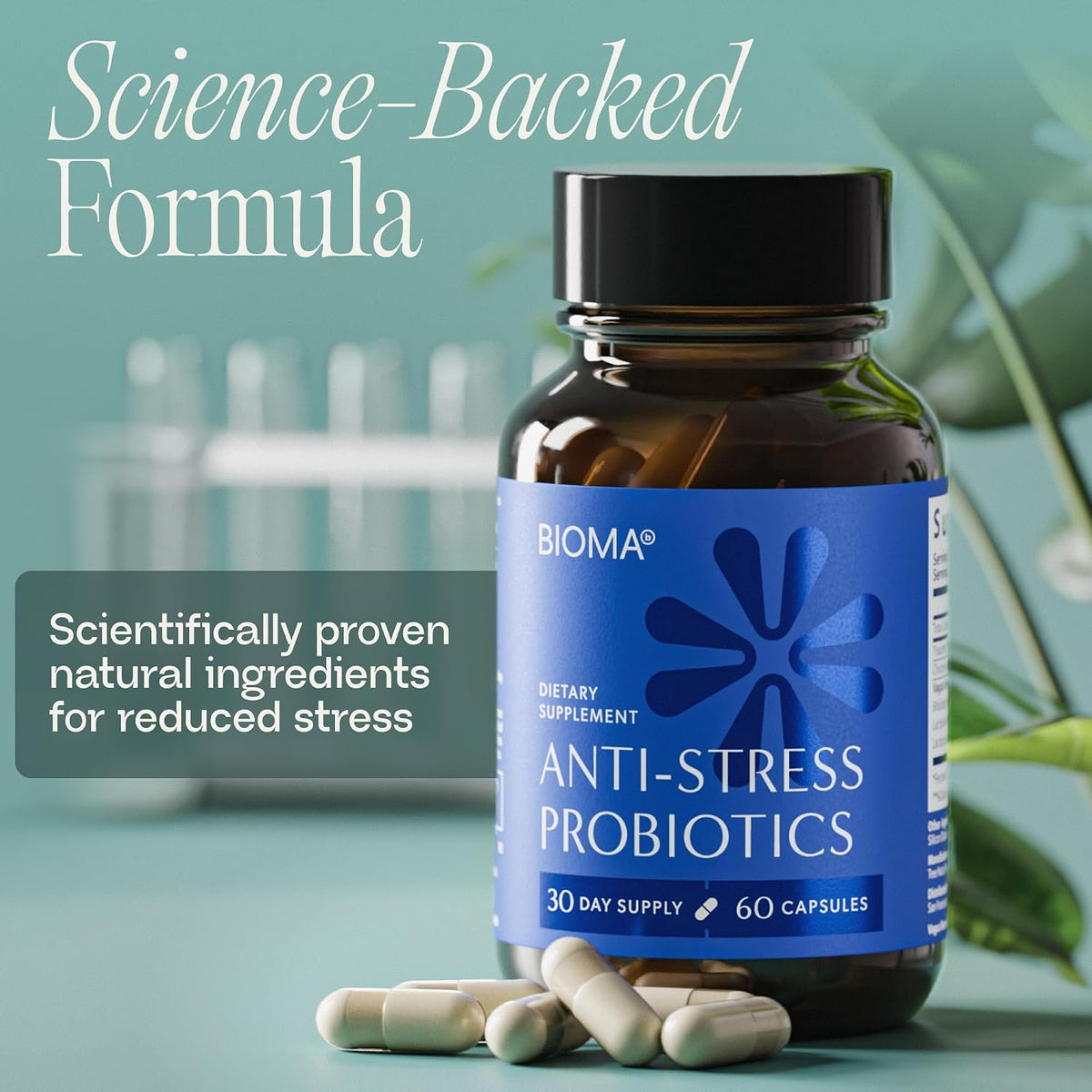 BIOMA Anti-Stress Probiotics – 3-in-1 Gut-Brain Axis Support for Stress Relief & Mood – Prebiotics, Postbiotics & Clinically Studied Strains – Vagus Nerve, Serotonin & Digestive Support – 60 Capsules