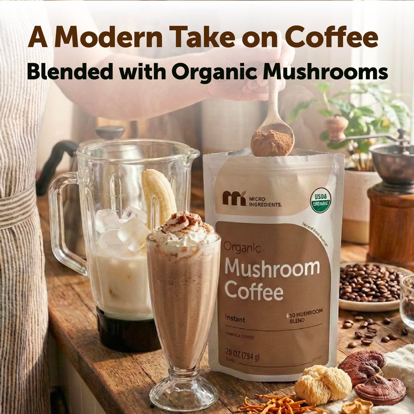 Micro Ingredients Organic Instant 10 in 1 Mushroom Coffee Powder, 28 Ounce (317 Servings) | Premium Arabica Coffee with Lion’s Mane, Chaga, Reishi & More