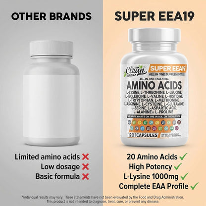 Clean Nutraceuticals Amino Acids Supplement L-Lysine, L-Threonine, L-Leucine, Isoleucine, Valine, L-Histidine, L-Tryptophan, L-Methionine, L-Arginine, L-Cysteine, L-Glutamine, L-Serine, Aspartic Acid