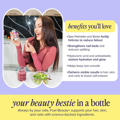 Fuel Beauty+ 24-in-1 Hair, Skin & Nails Vitamins for Women – 5000mcg Biotin, Hyaluronic Acid & Saw Palmetto – Daily Multivitamin for Hair Growth, Nail Strength & Skin Glow – 60 Capsules