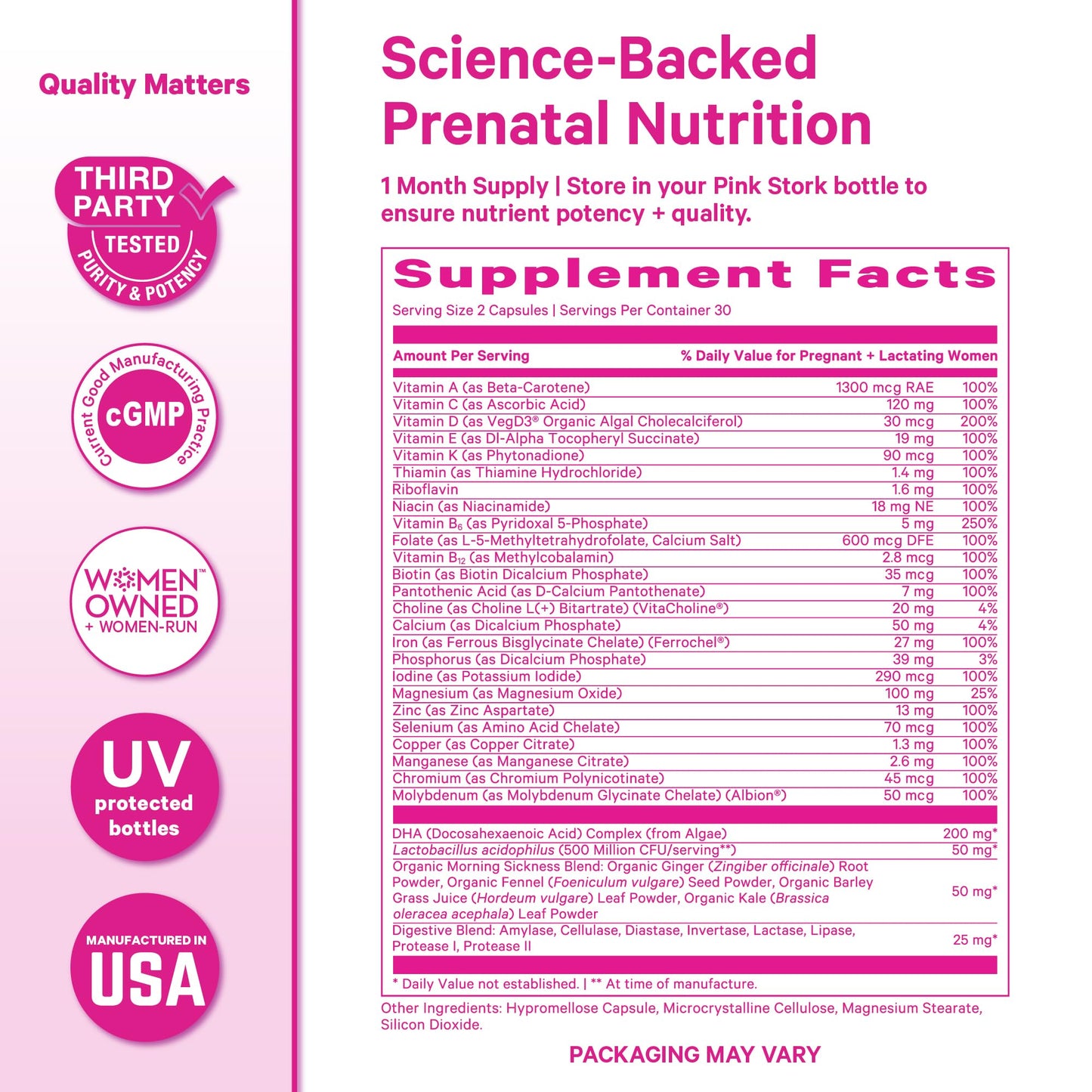 Pink Stork Premium Prenatal Vitamins for Women, 60 Count | No Fishy Burps, Methylated Folate, Choline, Vegan Algae DHA, Iron, Doctor-Formulated, Organic Whole-Foods, Probiotic