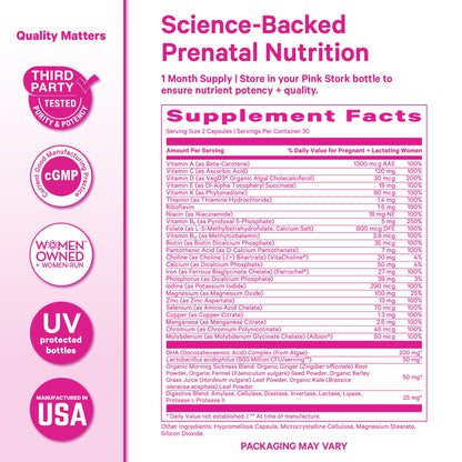Pink Stork Premium Prenatal Vitamins for Women, 60 Count | No Fishy Burps, Methylated Folate, Choline, Vegan Algae DHA, Iron, Doctor-Formulated, Organic Whole-Foods, Probiotic